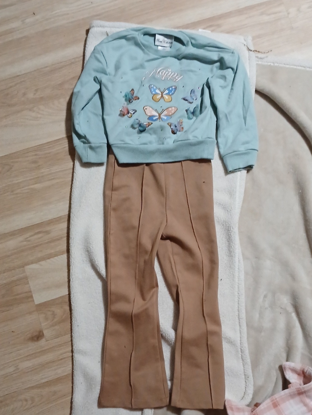 Rare Editions Light Teal Butterfly Sweatshirt & Tan Leggings Set